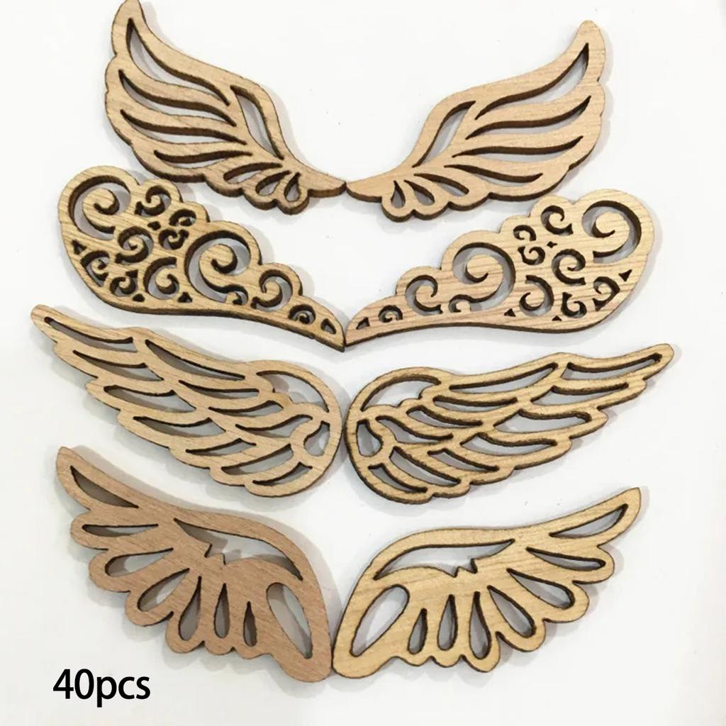 40Pcs/bag 4 Styles DIY Angel Wings Wooden Chips Decorative Embellishments Crafts Scrapbook Hand-made Graffiti Button Accessories