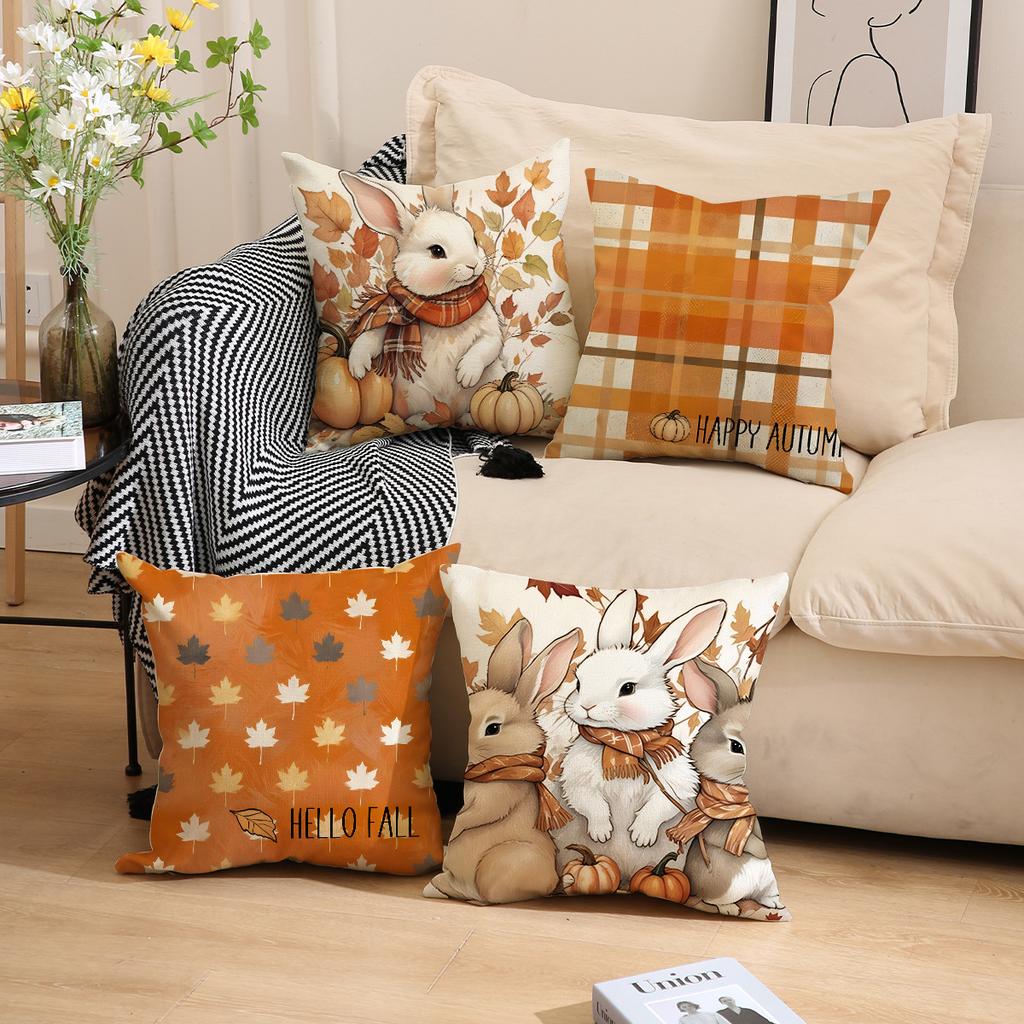 Cartoon Cute Rabbit Printed Pillow Cover Autumn Harvest Thanksgiving Atmosphere Decorative Sofa Pillow