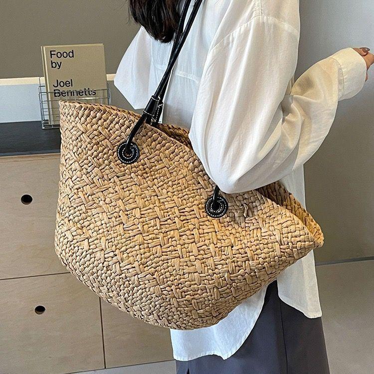 Grand Sac Cabas Sac d'Été Tissé Sac à Épaule Tissé en Paille Sac de Plage Tissé en Raphia Sac Tissé en Rotin