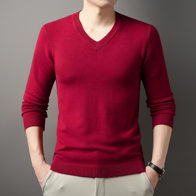 Solid Color V Neck Long Sleeve Pullover Knit Sweater For Men