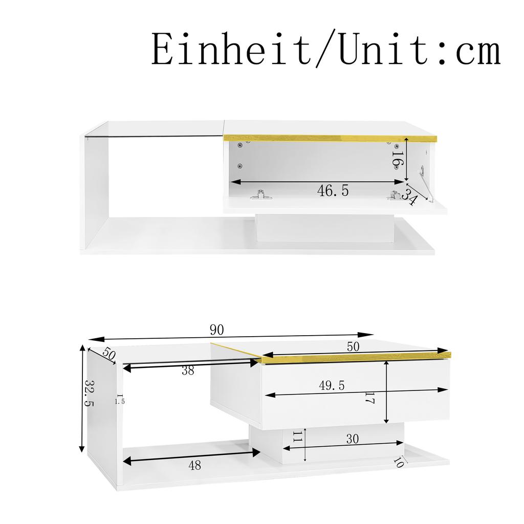 90 cm Langer Couchtisch, Hochglanz Weiß. Beistelltische, Couchtische mit Glas und LED-Effekt