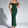 Fishbone mesh pleated dress European and American sexy backless one-word shoulder tight hip-wrapped dress long dress