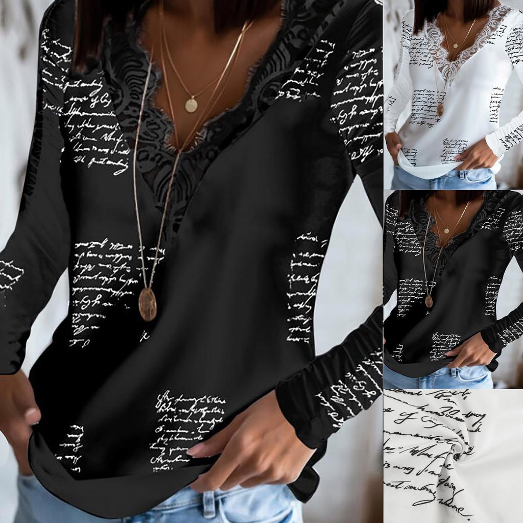 Women's Winter Splicing Fashion Lace V-Neck Lace Print Casual Long Sleeve Top