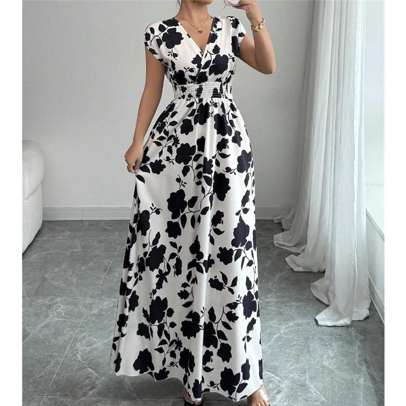 Women's Casual Floral Short-Sleeve Tie-Front V-Neck Fitted Dress for Summer