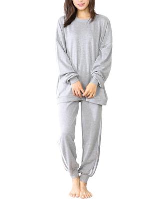 ON NISHIKI Sweatshirt Set Women Long-Sleeve 35% Cotton Pajamas Loungewear Spring Autumn Mini Fleece-Lined Long Pants Homewear Gray L