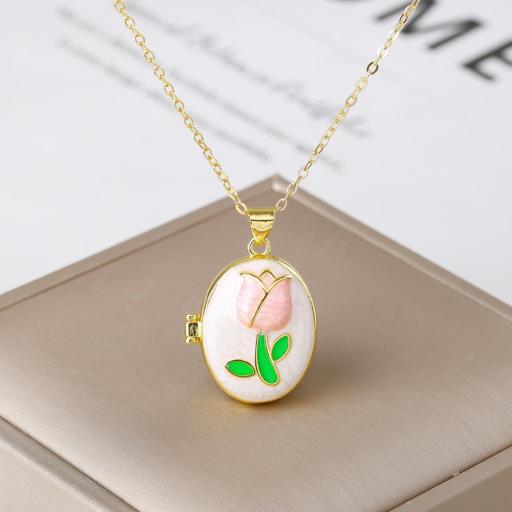 Openable Colorful Tulip Oval Photo Box Necklace Women's Gold Plated Chain Cute Flower Pendant Necklaces Trendy Jewelry For Girls