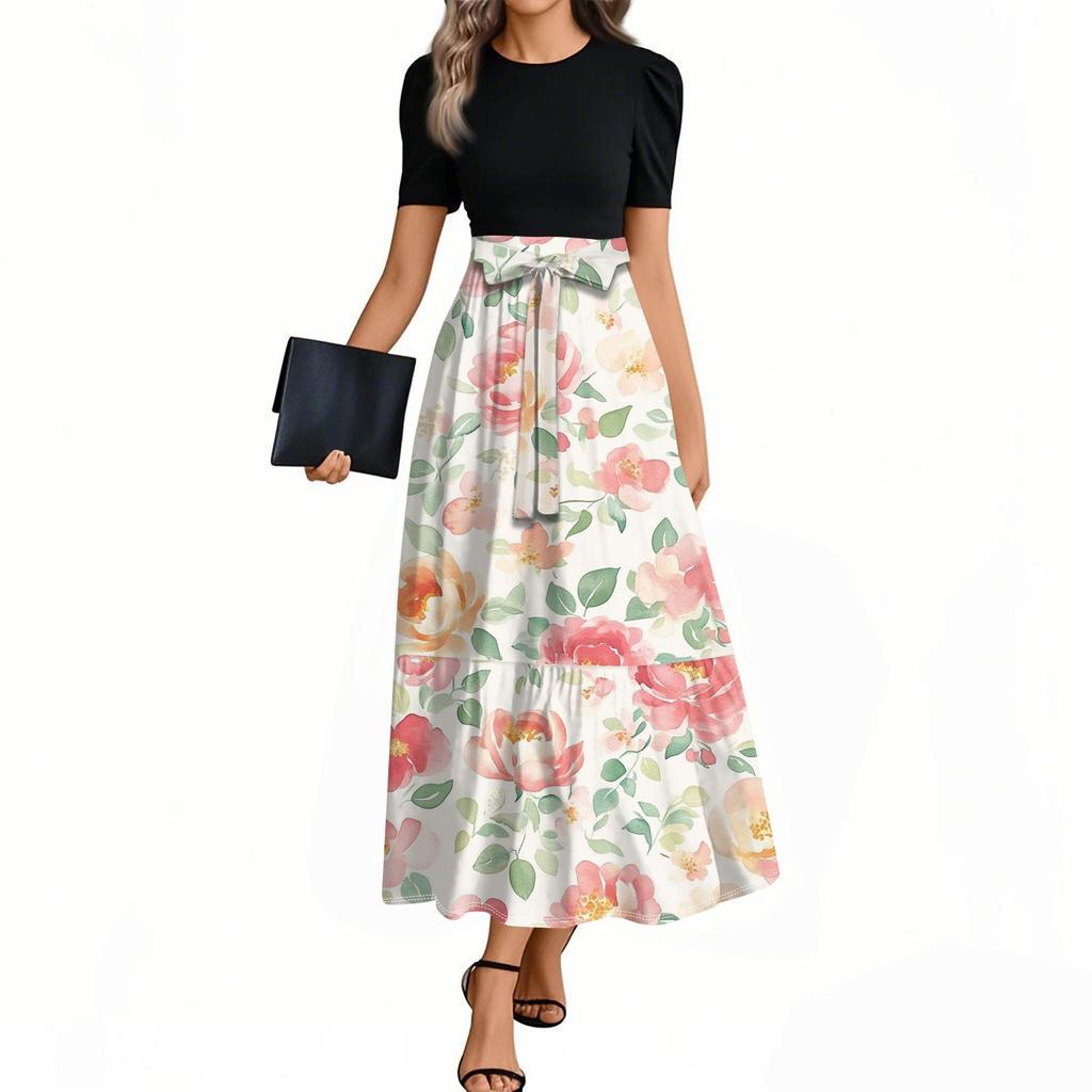 Women's Elegant Fashion Floral Print Belted Short Sleeve Round Neck Splicing Casual Dress