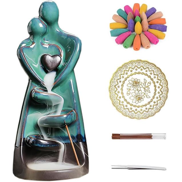 Ceramic Incense Holder, Creative Incense Waterfall Ornament, Backflow Incense Burner with 20 Backflow Incense Cones + 30 Incense Sticks, Zen Garden