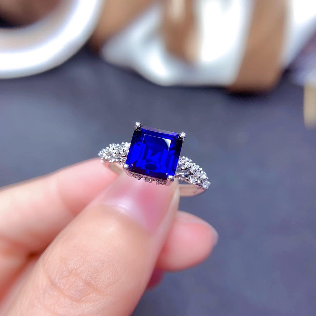 Stylish Imitation Natural Mozambican Garnet Ring, Princess Square Diamond Royal Blue Open Colored Treasure Ring