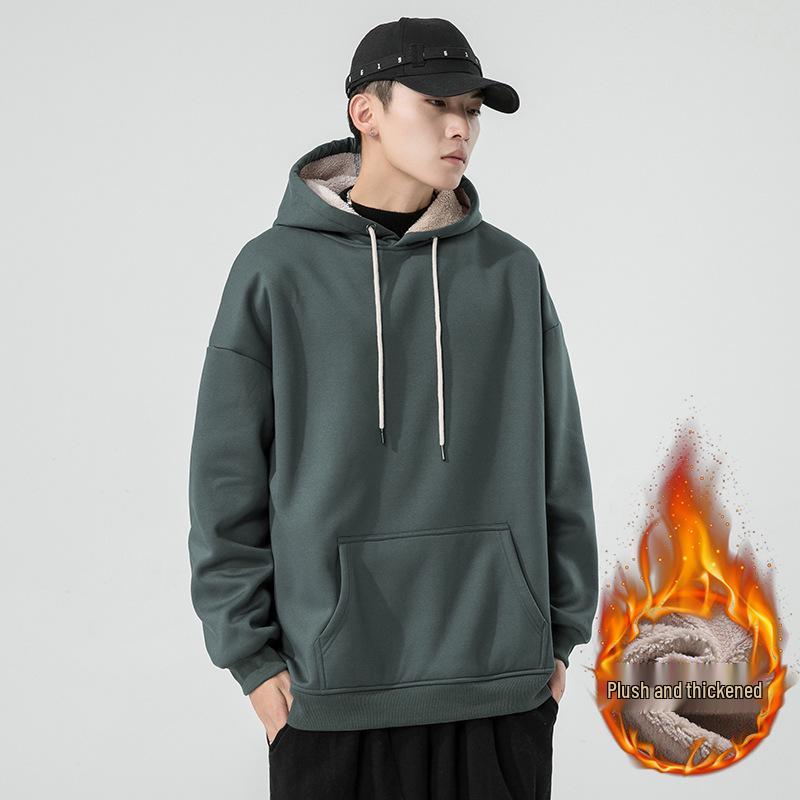 

Men s Autumn/Winter Plus Velvet Lambswool Hooded Sweatshirt - Long Sleeve, Solid Color, Loose Drop Shoulder Style XL