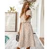 New Women's Polka Dot Chiffon Shirt Dress, V-Neck Short Sleeve Button Front Tie Waist A-Line Midi Dress for Spring Summer