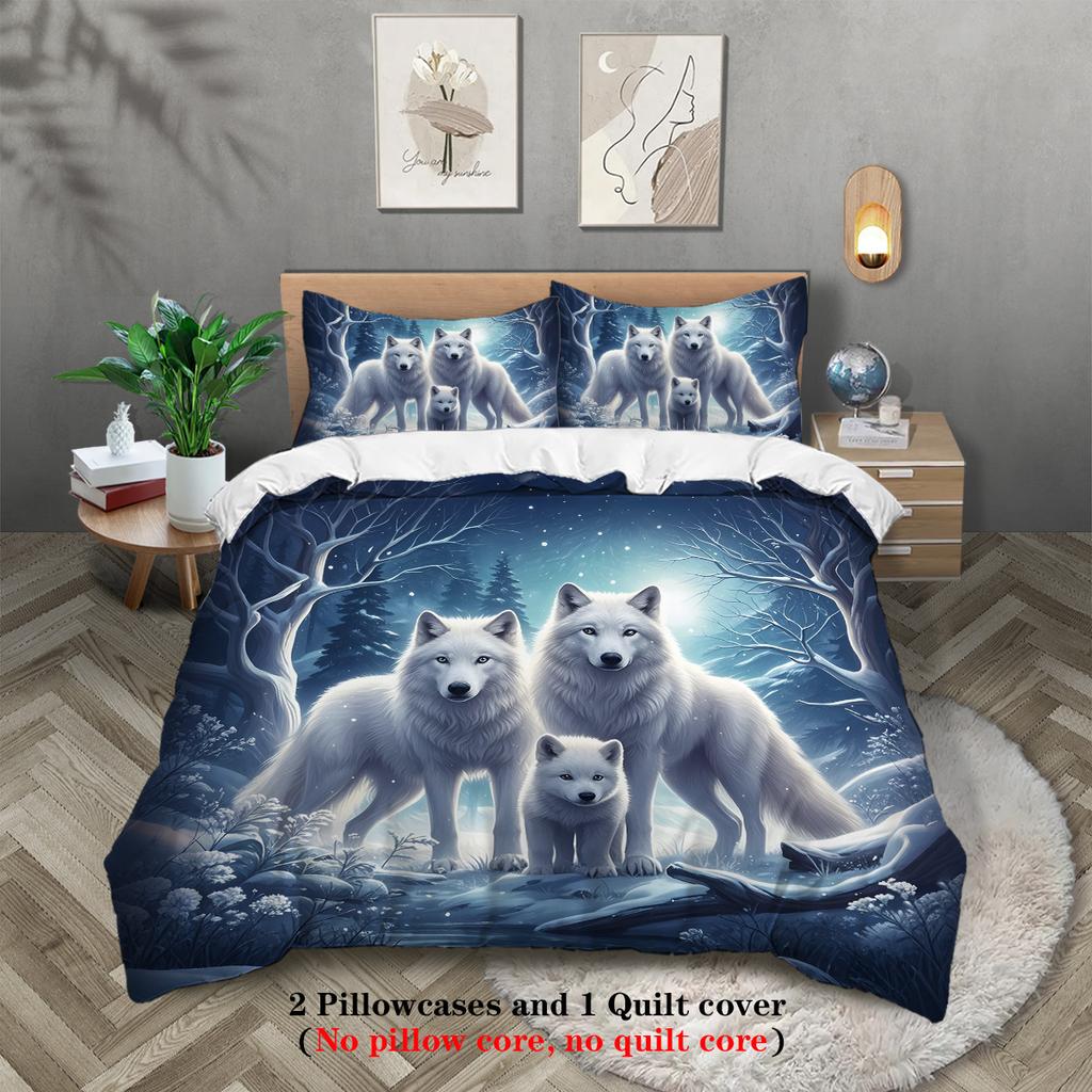 3pcs Wolf family pattern bedding set, 1*duvet cover+2*pillowcase, for single bed, teenagers and adults bedroom, home decoration