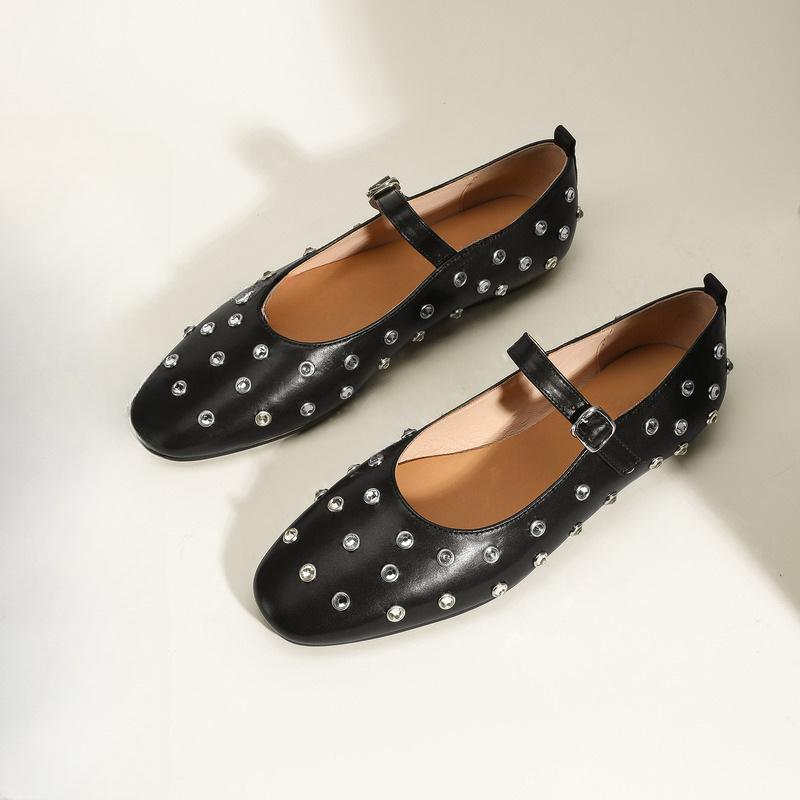 Fashion Crystal Rivets Ballet Flats Women Suede Leather Mary Janes Ankle Belt Loafers Female Summer Spring Rivets Loafers Cozy Moccasins