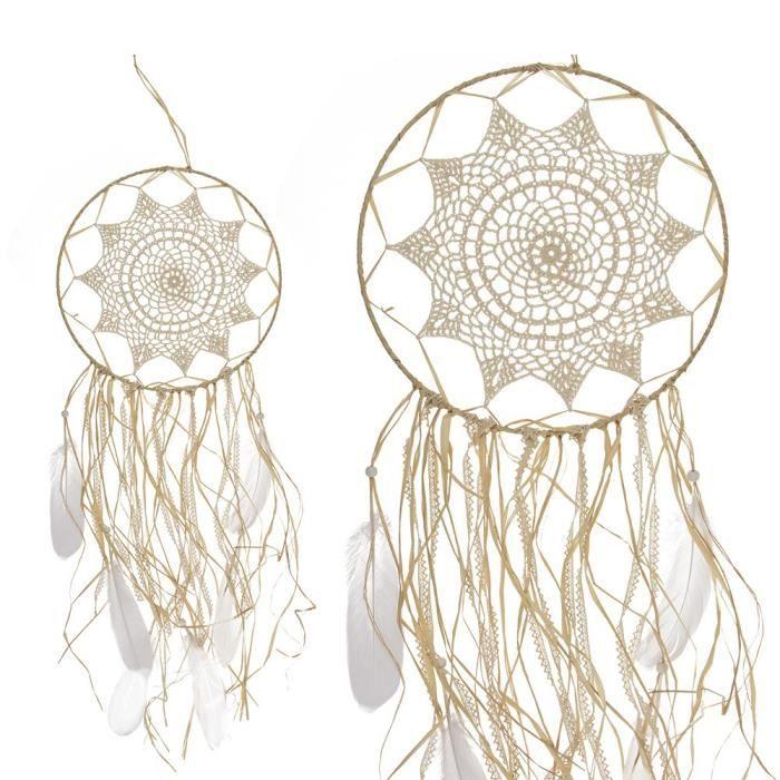 Attrape-rêve - Plume et raphia - Blanc - 67x30 cm - Décoration murale