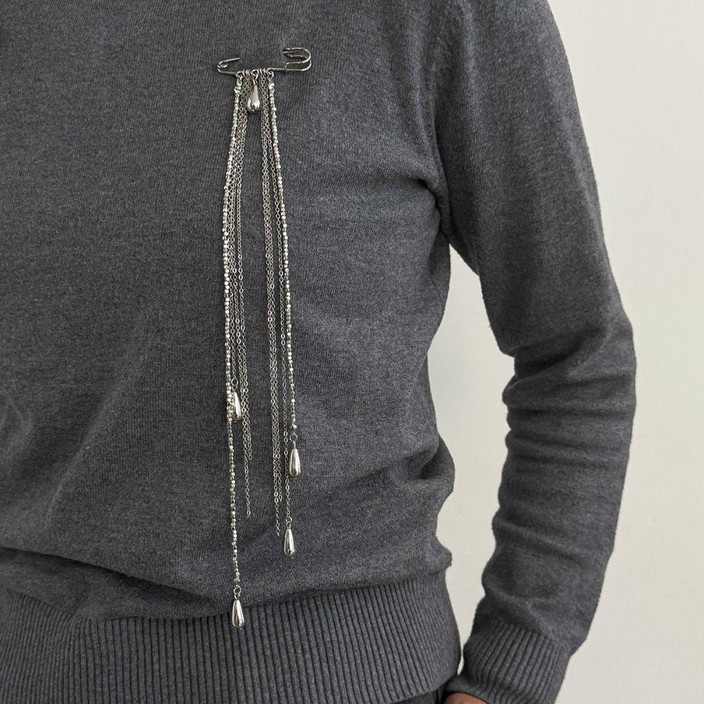 Exaggerated Clothing Tie Pin Alloy Bead Fixed Ornament Tassel Chain Brooch  Women Girls