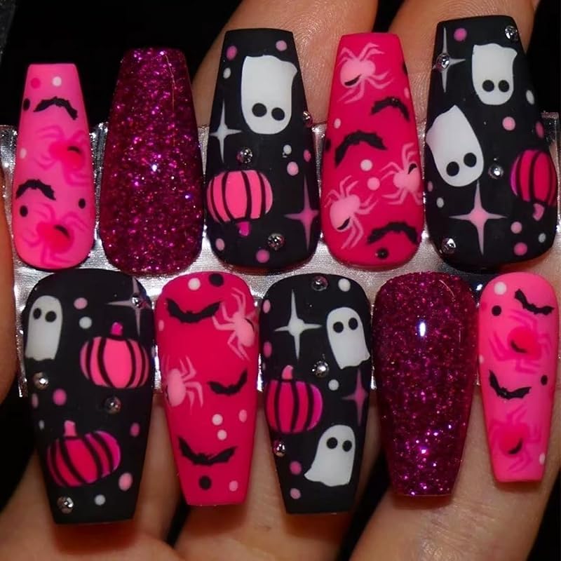White French Tip Halloween Press on Nails Medium Square Fake Nails with Pumpkin Design Spider Bat False Nail Full Cover Glossy Acrylic Glue on Nail