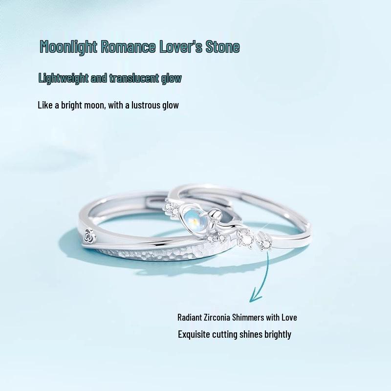 The Little Prince Rose Moonstone Couple Rings – Matching Rose Flower Rings for Women, Birthday Gift.