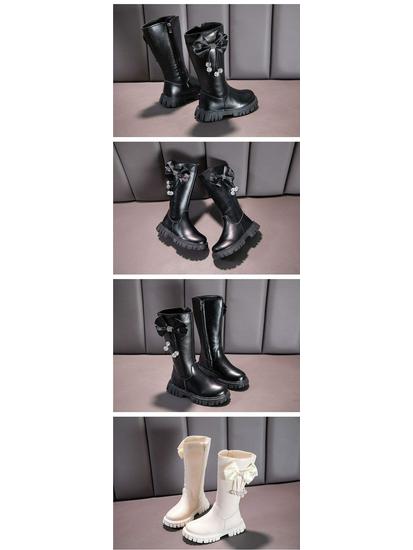 Girls' Black Bowknot Knee-High Leather Boots with Side Zipper, Plus Velvet, Soft Sole—Perfect for Autumn and Winter.