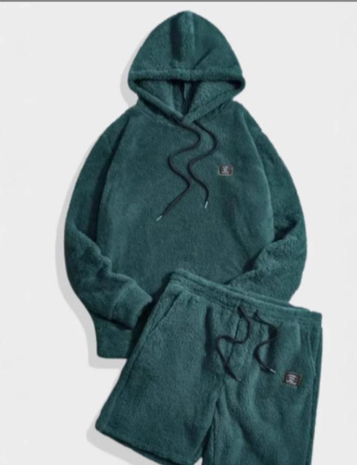

Men s Stylish Hooded Top & Lace-Up Shorts with Printed Pants Set Medium темно-зелений колір