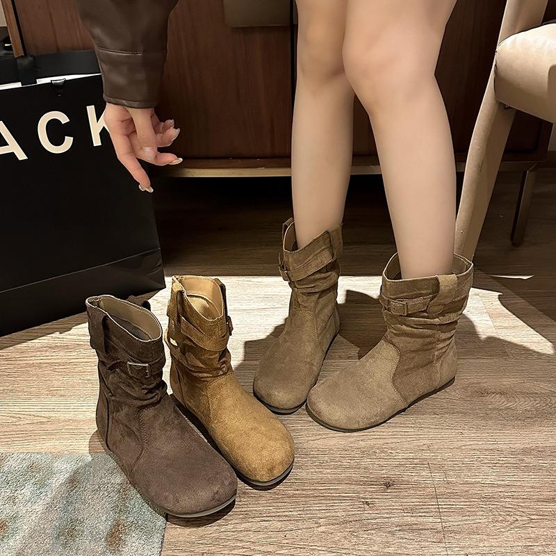 Retro Small Inner Heightening Short Boots Women's Spring and Autumn Sleeves Western Stacking Boots Slim Short Boots
