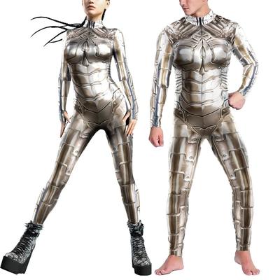 Adult Women Men Steampunk Armor Printed Zentai Bodysuit Long Sleeve Jumpsuit Halloween Party Cosplay Costumes