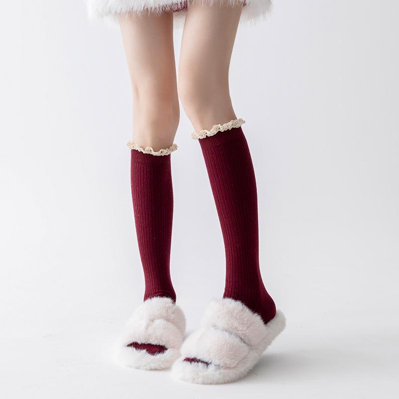 Damskie Jesienno-Zimowe Pogrubione Ciepłe Koronkowe Skarpety Świąteczne Noworoczne
