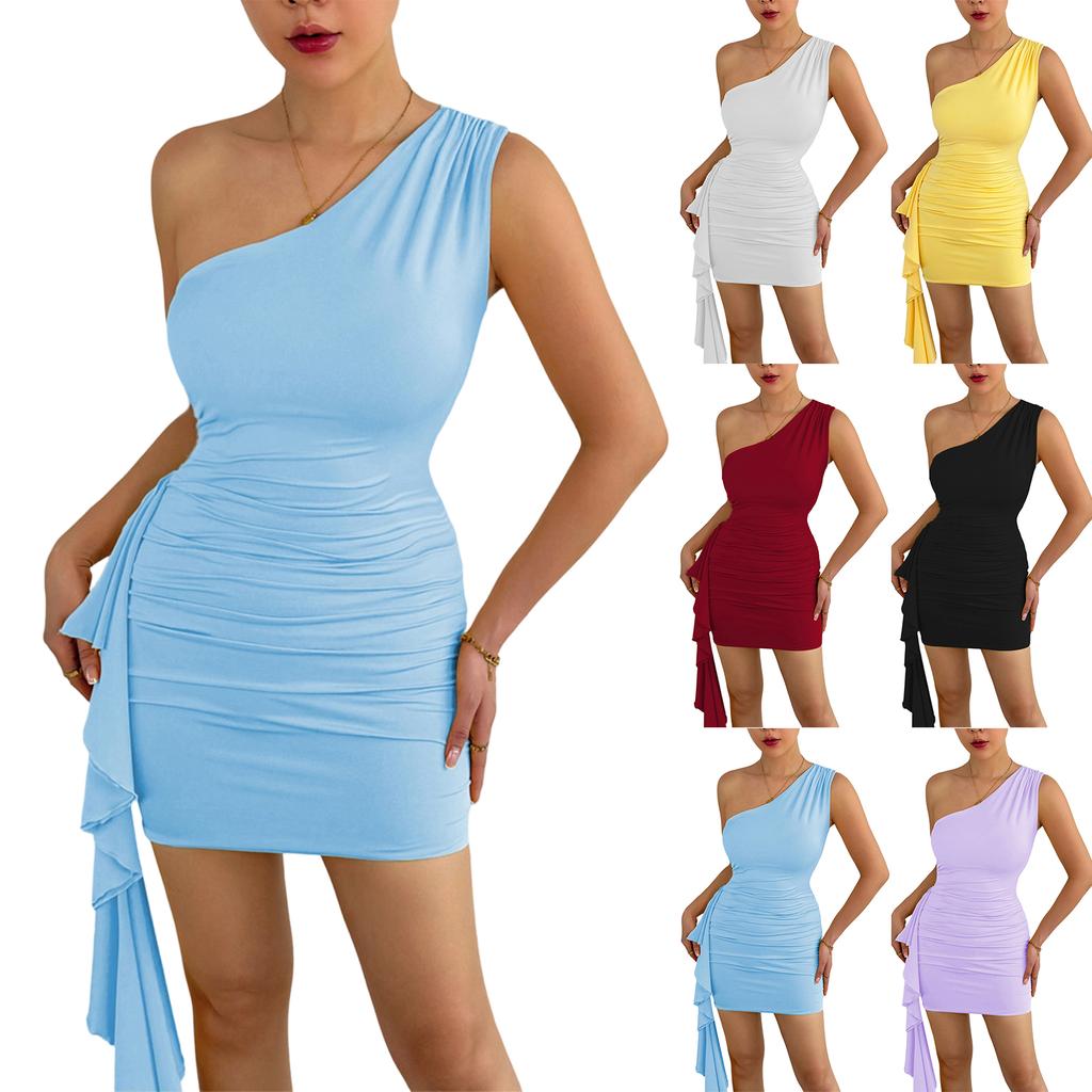 Damen Ein Schulter Ärmellos Bodycon Kleid Raffung Minikleid Asymmetrischer Saum Stretch Stoff Clubwear