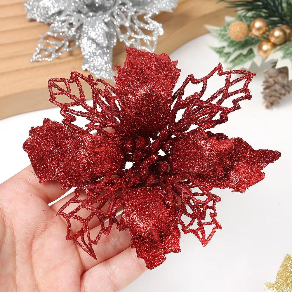 5/10Pcs Glitter Christmas Decorations Artifical Flowers Xmas Tree Garland Fake Flowers for Home Decor Navidad New Year Accessory