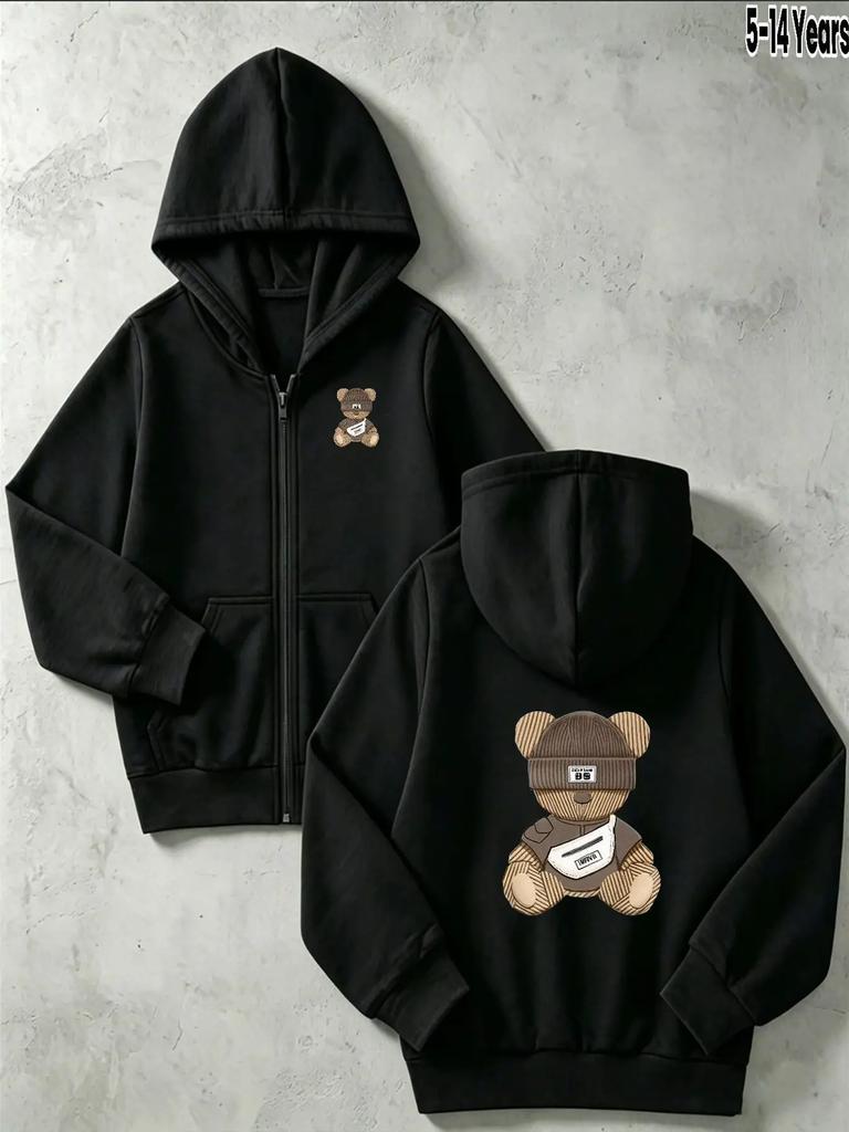 Kids Cute Knit Hat Bear Graphic Zip Up Hoodie Loose Long Sleeve Hooded Jacket Soft Daily Outerwear For Boys Girls