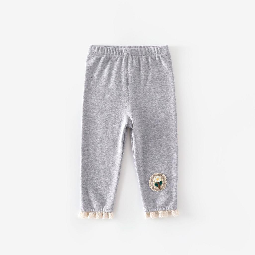 Autumn 2025 Girls' Leggings: Flower Applique, Lace Trim, Solid Color for Babies and Children
