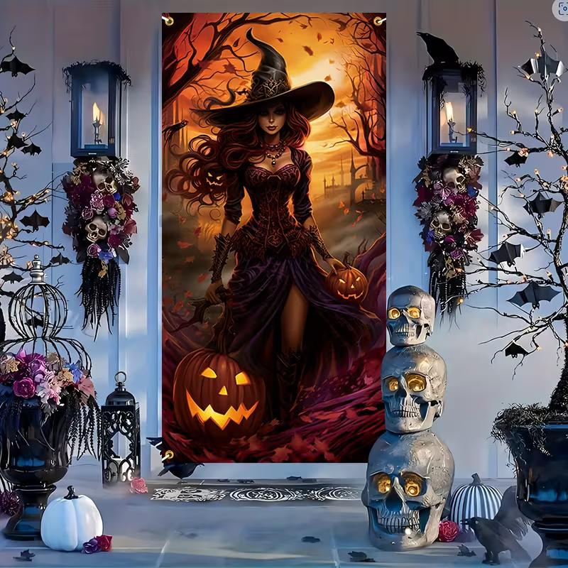

2D Halloween Gothic Witch Door Cover, Witch with Pumpkins Party Backgroun 47.2x31.5inch/120*80cm