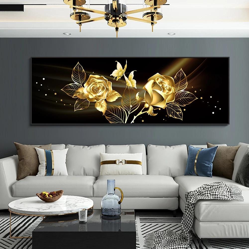 Black Golden Rose Flower Butterfly Abstract Wall Art Canvas Painting Poster Print Horizonta Picture for Living bedRoom Decor