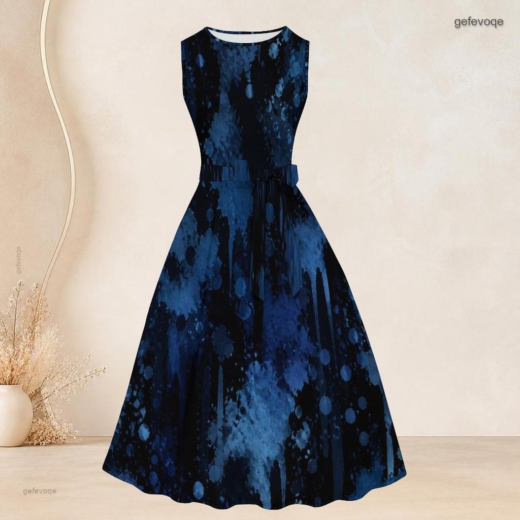 Women Plus Size Two Piece Dress Set 3 4 Sleeve Open Front Cardigan Sleeveless Round Neck Tie Waist Flared Dress Blue Black Printed