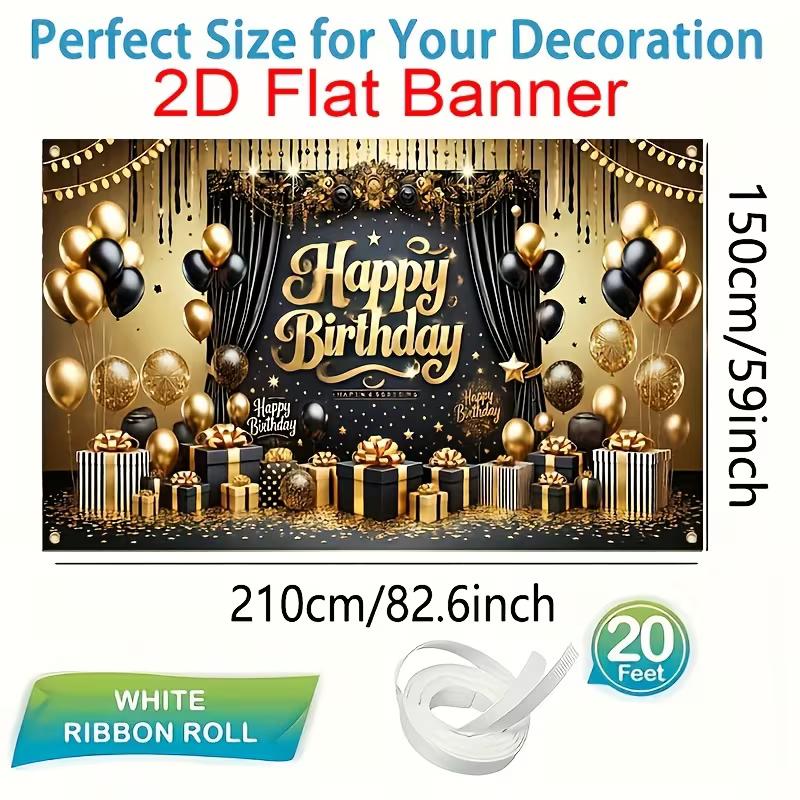 2D Happy Birthday Background Cloth Black Gold with Gift Boxes & Glitter Banner