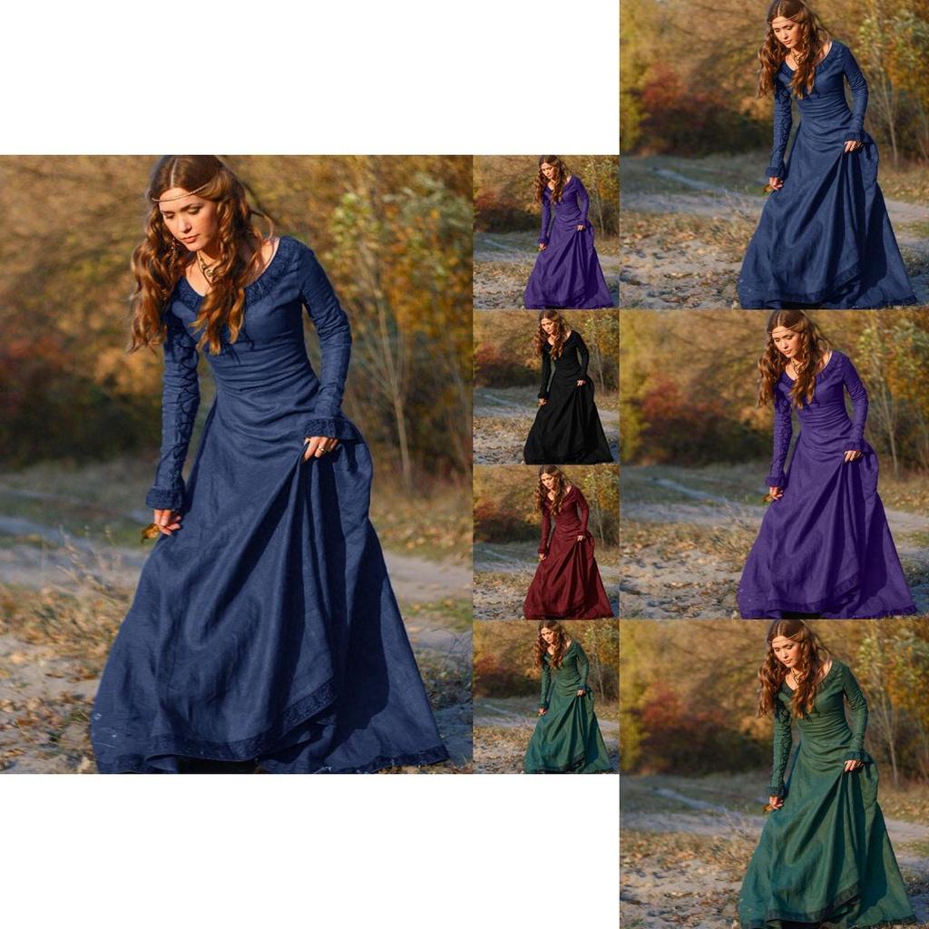Elegant Women's Medieval Dress With Long Sleeves For Gothic Halloween Cosplay Events