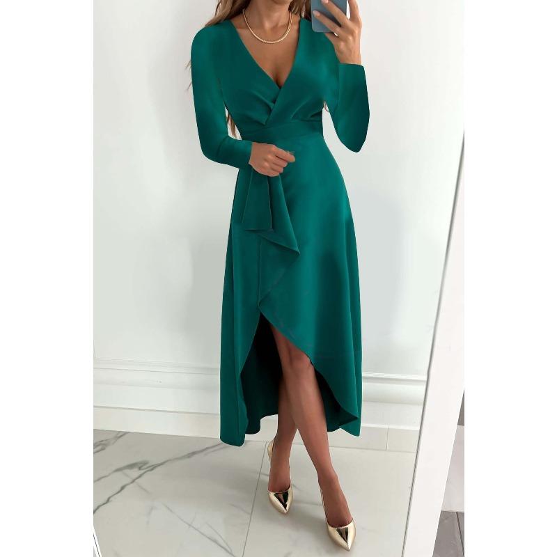 women's Solid Color Satin Wrap V Neck Long Sleeve Ruched High Slit Irregular Hem Maxi Dress Party Evening Dress