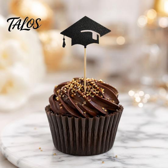 Hat Cake Decoration 6 Pcs Graduation Toppers, Mini Grad Cap Cupcake Black Burr-free Glitter Food Appetizer Picks for Class of 2026 Party Supplies