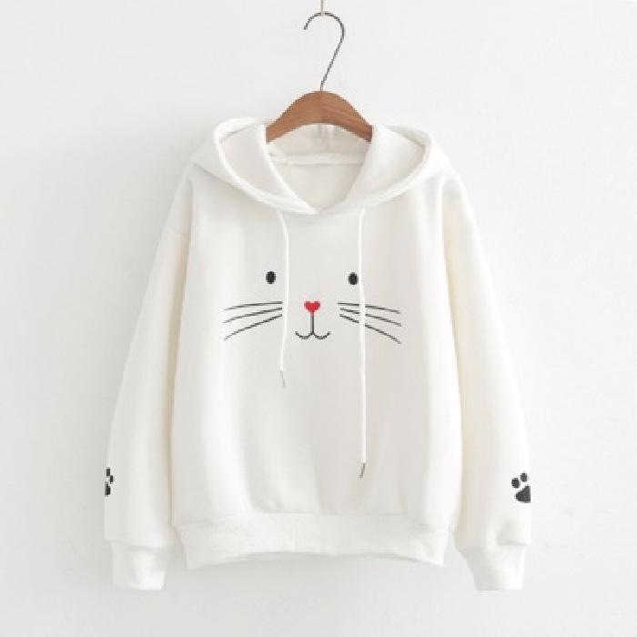 Women Warm Soft Hoodies Embroidered Cat Face Hooded Sweater Women's Fall and Winter Students Literary Cat Long-sleeved Padded Cute Sweater