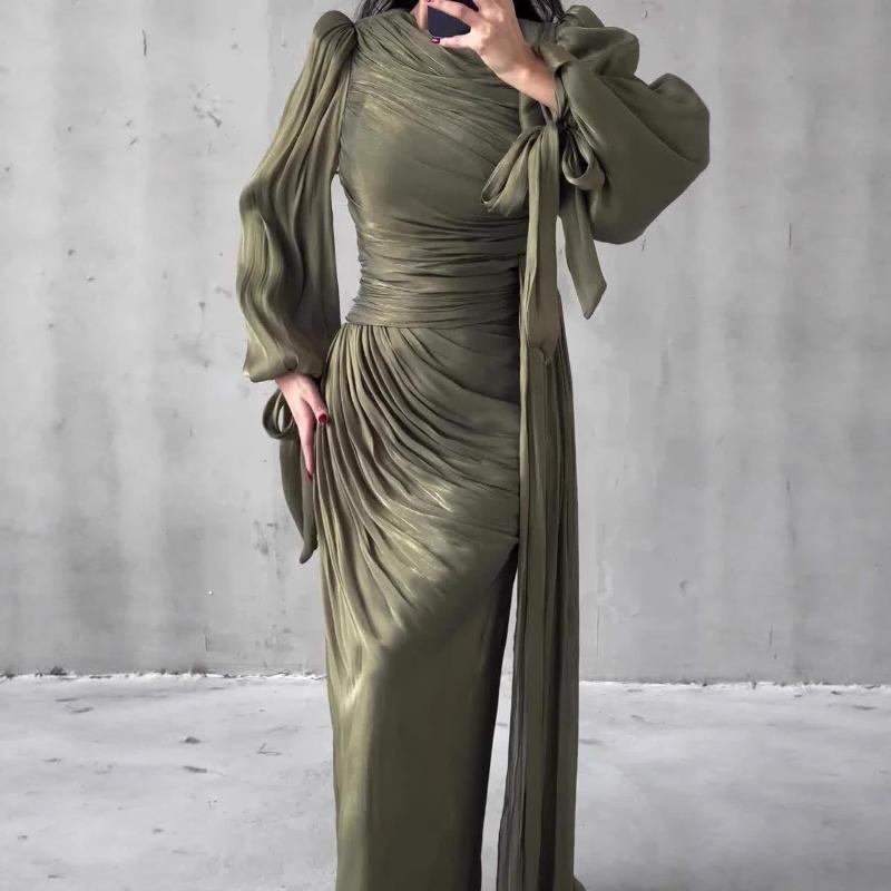 

New European and American women s clothing high fashion slim fit but i in pleated dress XXXL оливковий