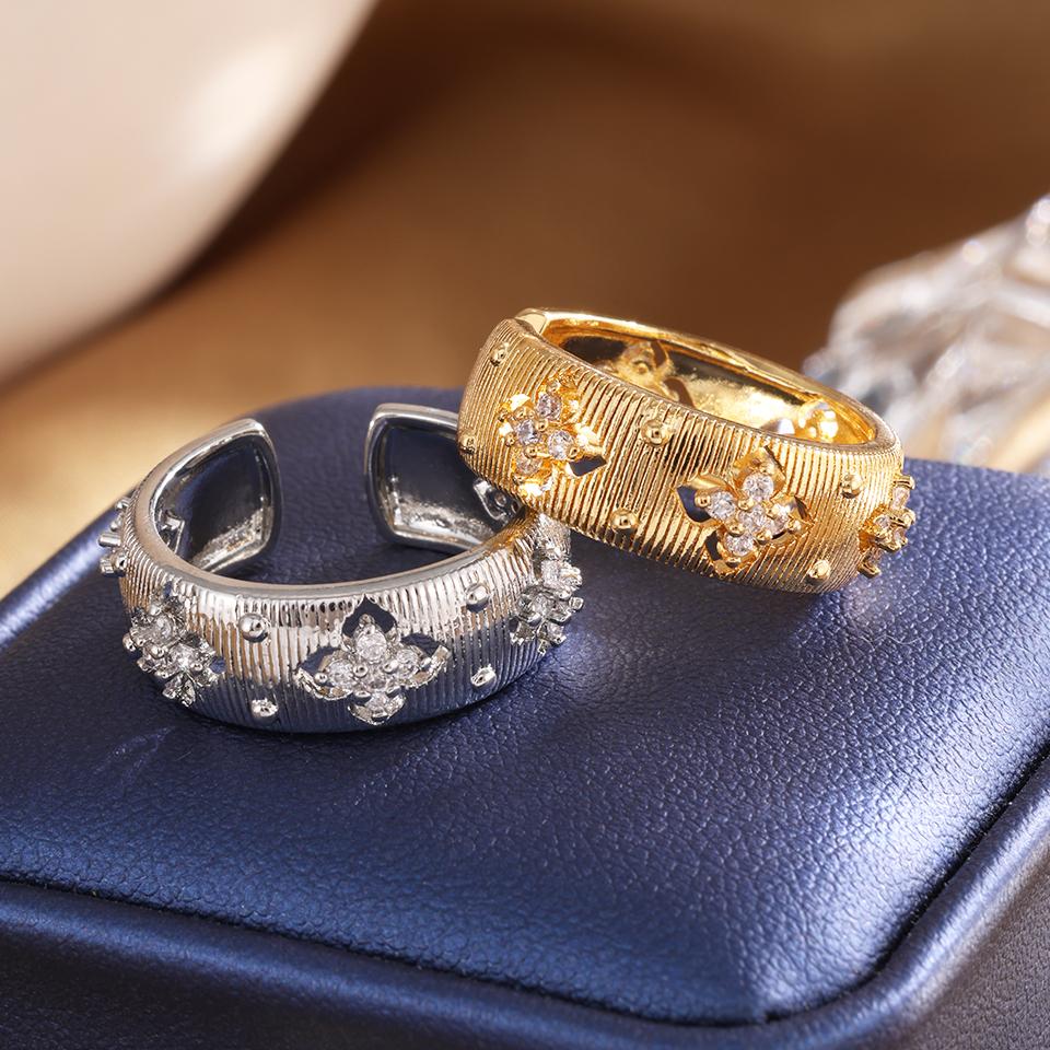 ZAKOL Elegant Four-leaf Flower Zircon Open Ring for Women Vintage Gold Color Couple Rings Luxury Zircon Gift