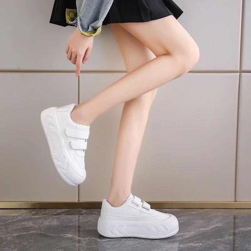 Leisure Sneakers for Women PU Hook & Loop Flat Platform High Heels Round Toe Women Shoes Solid Leather Vulcanize Shoes Plus Size