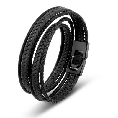 Black Bracelet Leather 34cm Gift Box Genuine Leather Leather Cowhide Braided Adjustable Magnetic Clasp Multilayer Wrap Rope Man Man Men Boys Boys