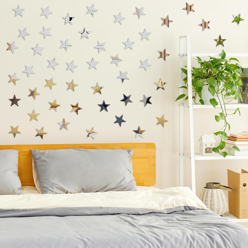 Lnrkai 50 PCS Stars Mirror Wall Stickers, 3D Acrylic Modern Silver Star Wall Decor, DIY Self-Adhesive Wall Art for Living Room, Bedroom, Bathroom,