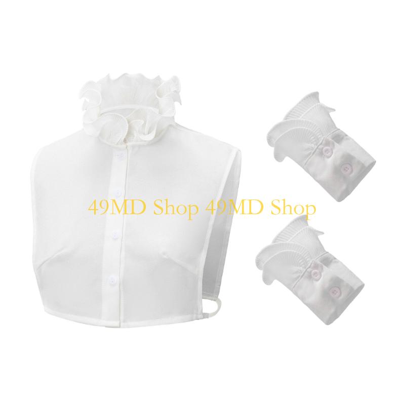 49MD Vintage Elegant Ruffle Stand Fake Collar Half Shirt and Faux Cuffs Set for Women белый