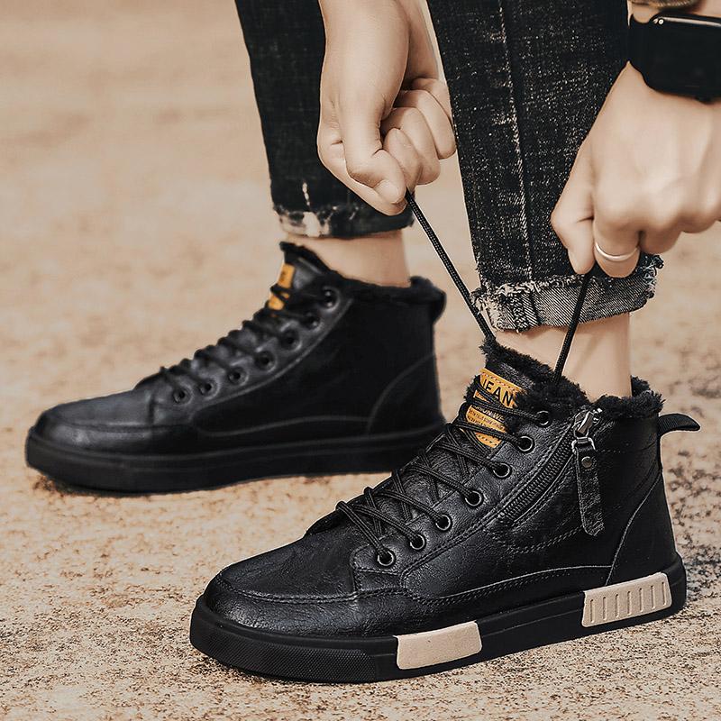 FashionMen Retro Work Shoes high top Autumn Winter Thick Bottom High Top cotton Casual Boot Leather Boots Chelsea plush warm Boots