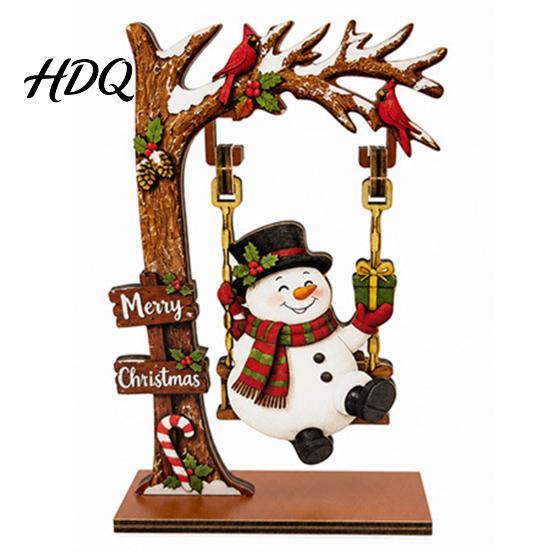 Winter Holiday Home Decor Christmas Wooden Ornaments Santa Snowman Figurine with Moving Bookshelf Decorations Swing