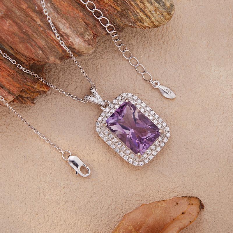 Large Natural Amethyst Pendant Necklace Female Princess Square Cut S925 Silver Colored Jewelry.