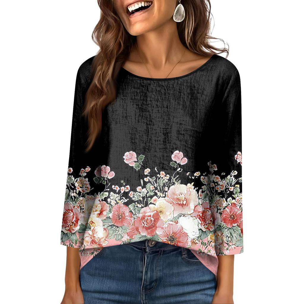 Damtopp med rund hals och 3/4-ärmar, trendig och avslappnad tryck