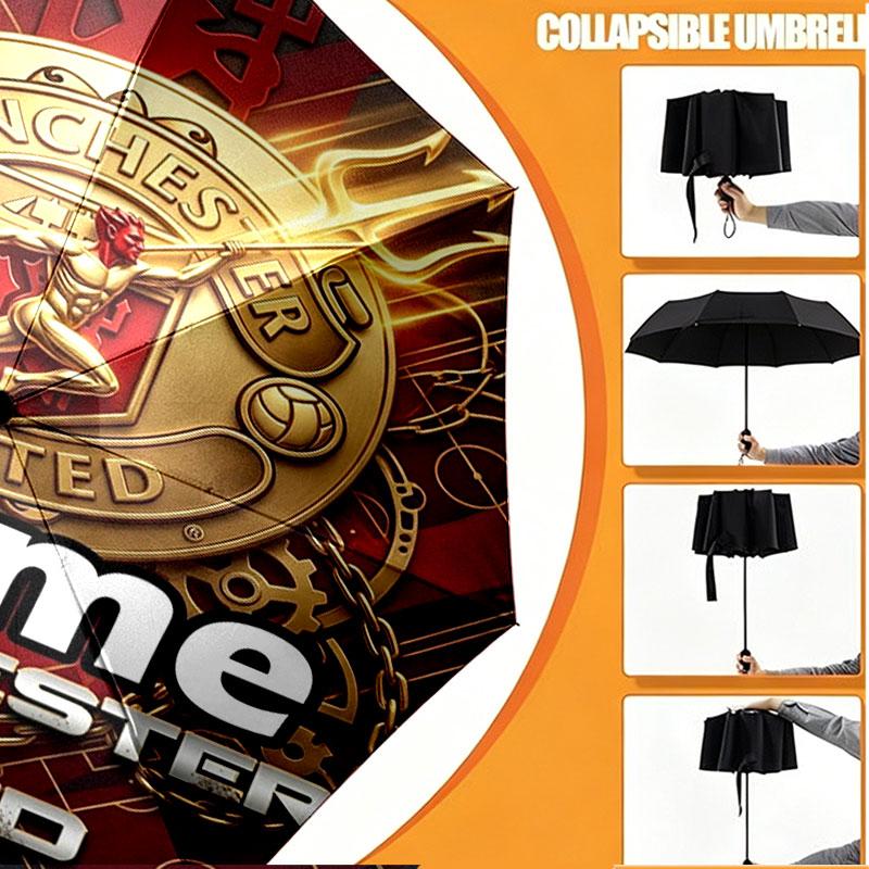 Custom Name Personalized Manchester United Print Umbrella, Auto Open Close, 8‑Rib Sturdy Frame, Commute Camping Hiking Use, Birthday Gift