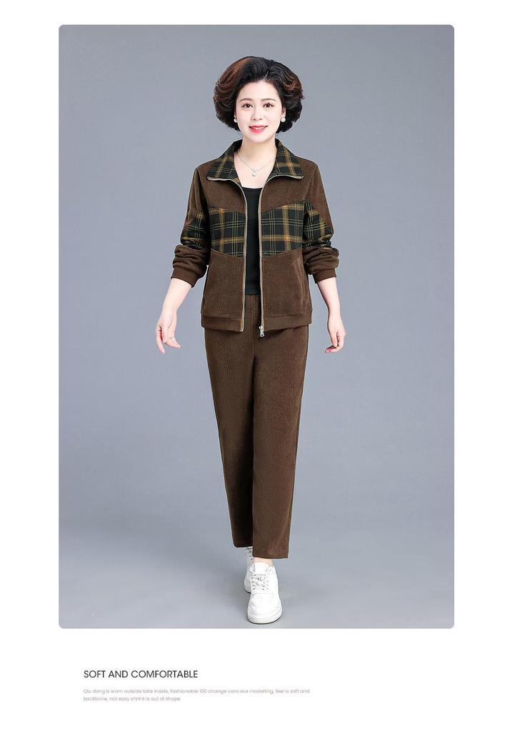 Spring Corduroy Sportswear Set for Middle-aged Women - 2025 Style Two-Piece Jacket Outfit
